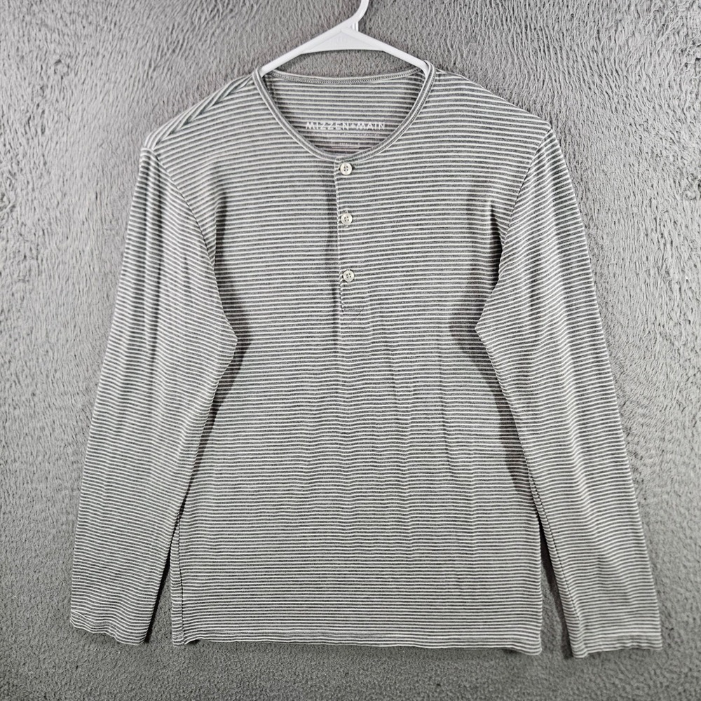 Mizzen + Main Mens Small Grey White Striped Long Sleeve Henley Shirt Stretch